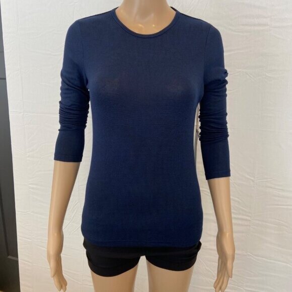 Womens Navy Open-Back Long Sleeve Top S Karma Stretchy Fabric Casual Fit Round - Picture 9 of 13